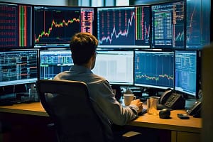 A businessman working at a multi-monitor setup AI GENERATED IMAGE AM 013 RECORD DATE NOT STATED