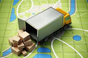 Transport van with cargo boxes standing on GPS map. 3D illustration Transport van with cargo boxes standing on GPS map.